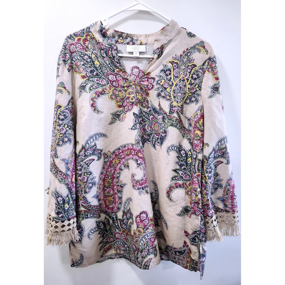 Charter Club Luxury Linen Paisley Tunic Top Tan Pink Blue Fringe Crochet Medium